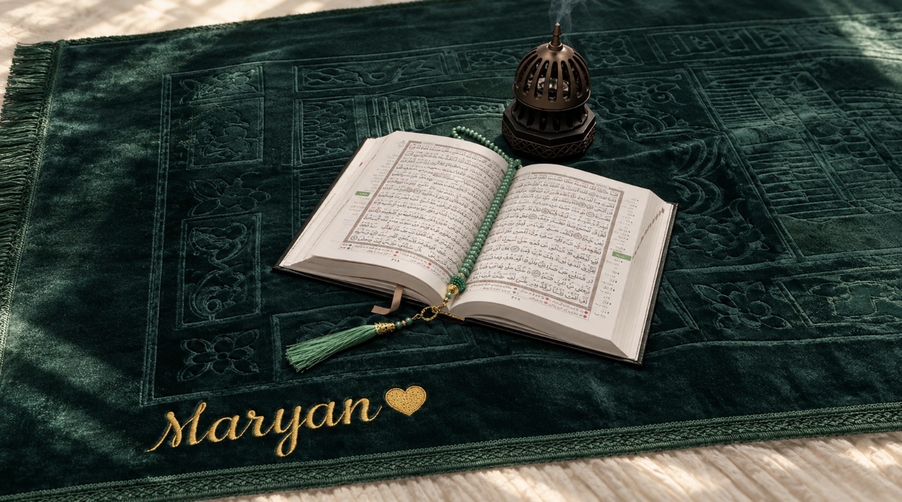 Embroidered green prayer mat with an open Quran, tasbih, and incense burner